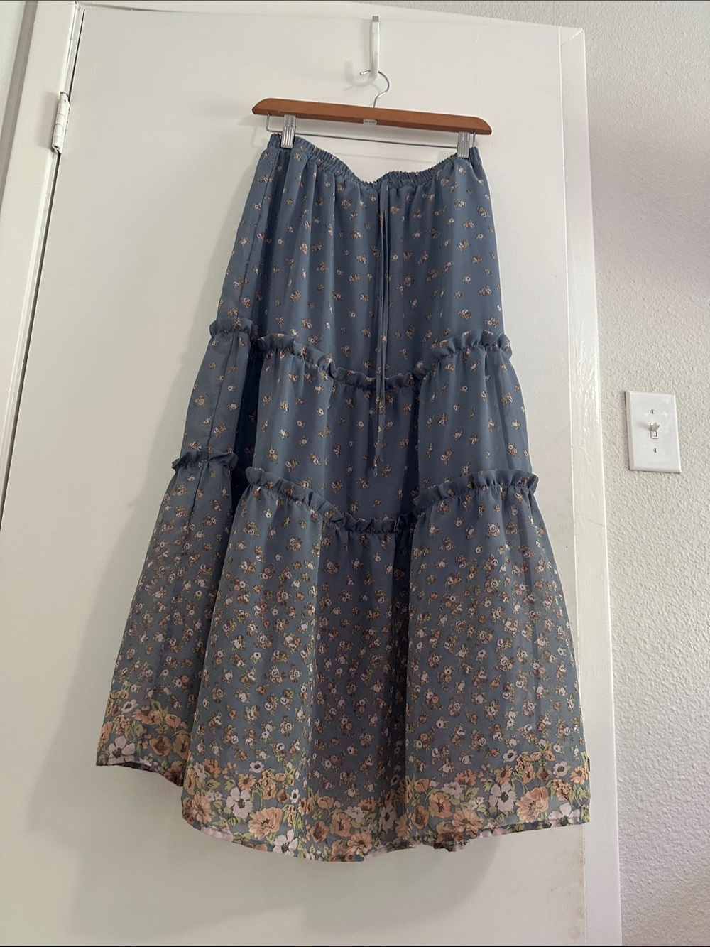 Sienna Sky Dusty Blue Floral Maxi Skirt Cottagecore Boho Drawstring Waist - Picture 1 of 5